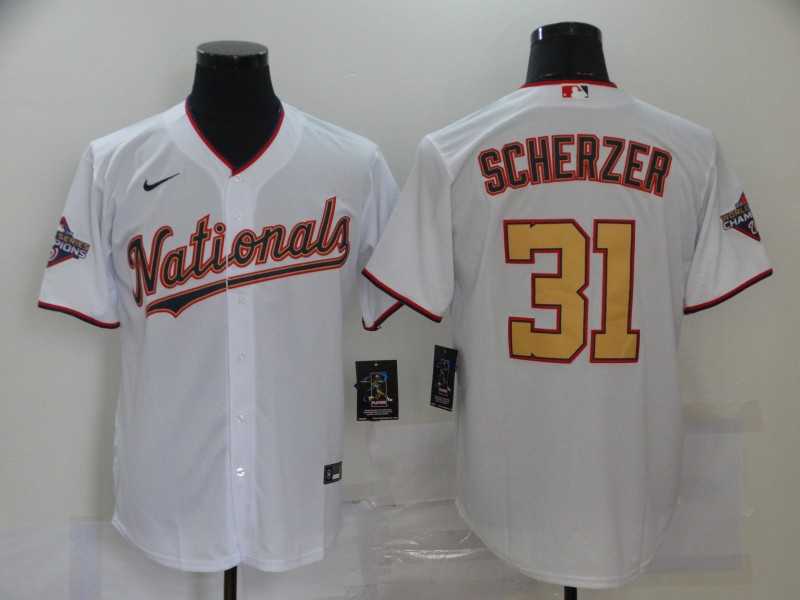 Nationals 31 Max Scherzer White Gold Nike 2020 Gold Program Cool Base Jersey,We sell and wholesale Nationals 31 Max Scherzer White Gold Nike 2020 Gold Program Cool Base Jersey on line form chian!